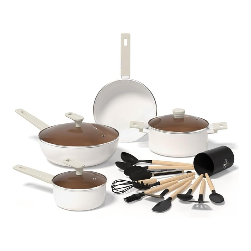 Antihaftbeschichtetes Kochgeschirrset aus Keramik mit weißem Griff